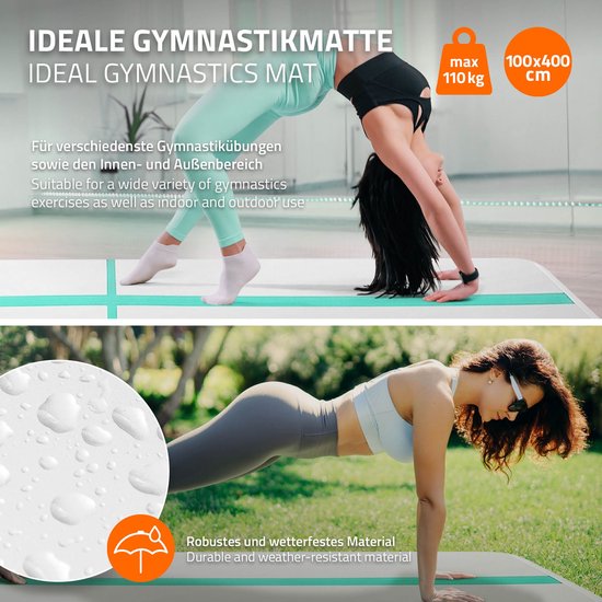 Opblaasbare turnmat 4m, mintgroen, 10 cm dik, yogamat fitnessmat pilatesmat incl. draagtas & elektrische luchtpomp