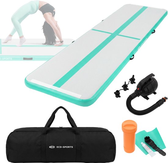 Opblaasbare turnmat 4m, mintgroen, 10 cm dik, yogamat fitnessmat pilatesmat incl. draagtas & elektrische luchtpomp