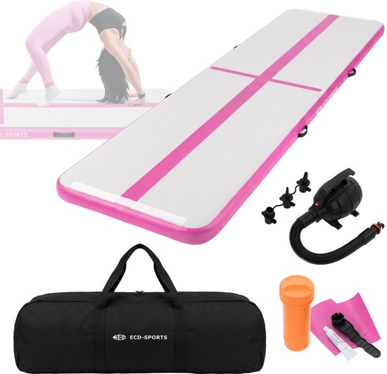 Opblaasbare turnmat 4m, roze, 10 cm dik, yogamat fitnessmat pilatesmat incl. draagtas & elektrische luchtpomp van Merkloos