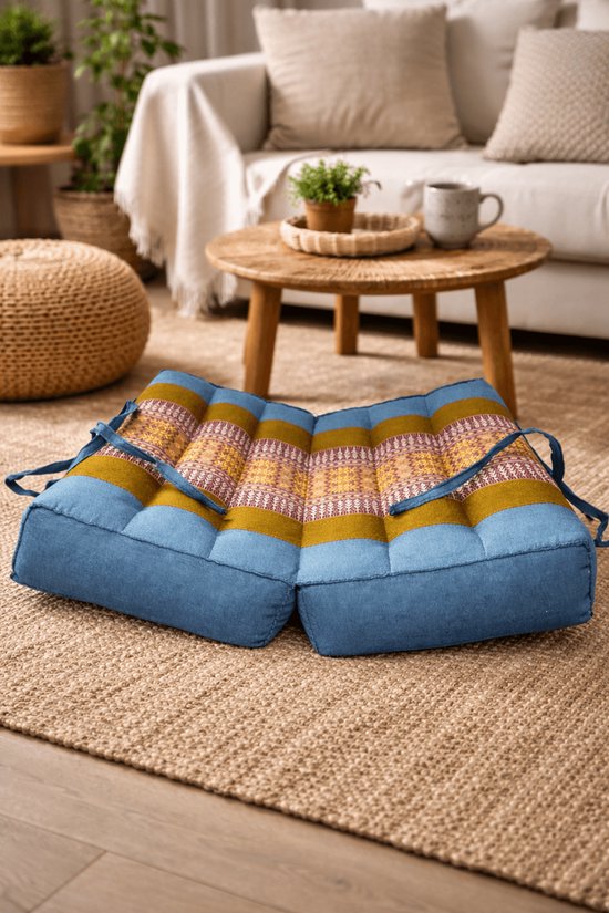 Opvouwbaar meditatiekussen - Thaise stijl - blauwgroen - katoen & kapok - comfortabel zitkussen voor meditatie, yoga & mindfulness - handgemaakt