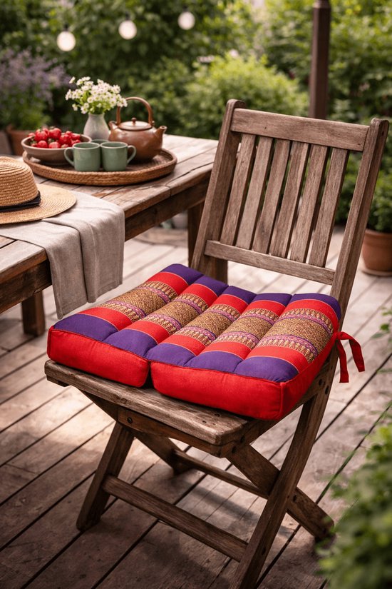Opvouwbaar meditatiekussen – Thaise stijl – rood & paars – katoen & kapok – comfortabel zitkussen voor meditatie, yoga & mindfulness – handgemaakt van Merkloos
