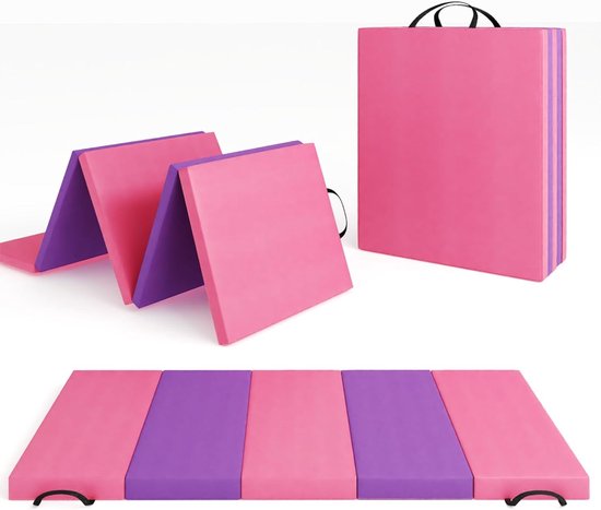Opvouwbare leren gymnastiekmat, 180x60x5cm (4 panelen), draagbare oefenmat met handgrepen voor yoga, fitness en training voor kinderen en volwassenen.
