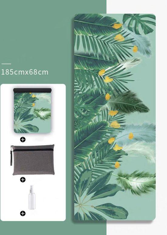 Opvouwbare Suede yoga/pilates mat voor reizen - Yogamat met Antislip Toplaag - Yogamat tas - gym mat opvouwbaar - Machinewasmaar - Rubber en suède - 1.5mm - Tropical Forest van Merkloos