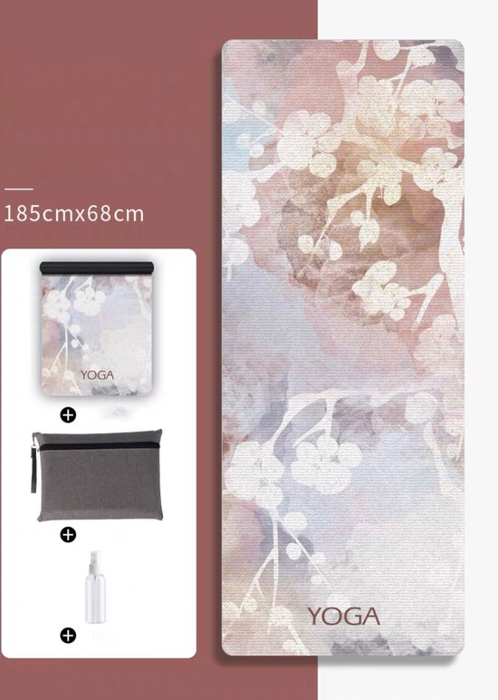 Opvouwbare yoga mat voor reizen - Yogamat met Antislip Toplaag - Yogamat tas - pilates - gym mat opvouwbaar - Machinewasmaar - Rubber en suède - 1.5mm - Plum Blossom van Merkloos