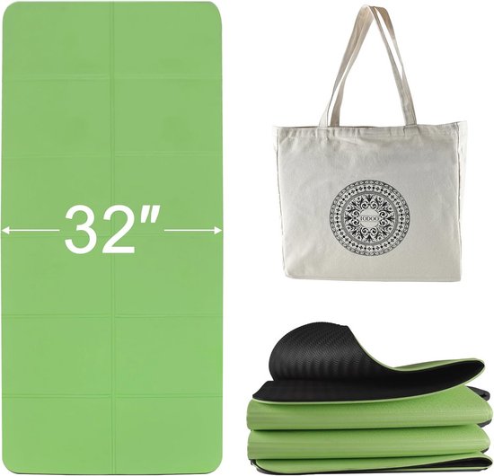 Opvouwbare yogamat extra dik en breed 182,9 cm x 81,3 cm met canvas draagtas