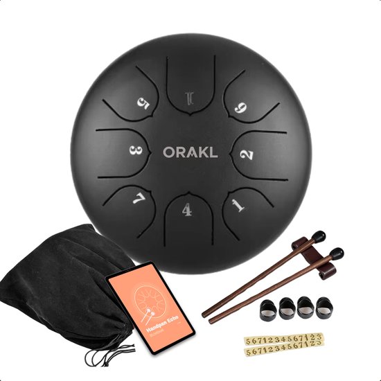 Orakl ® - Tongue Drum Echo Kosmisch Zwart – Inclusief lesboek – Handpan ø 16 cm - Tongue Drum – Handpan Drum – Steel Tongue Drum – Klankschaal - Geluidstherapie van Orakl