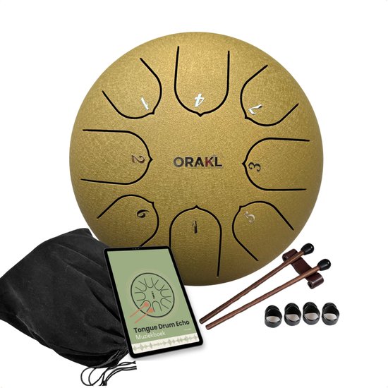Orakl ® - Tongue Drum Echo Zonnegloed Goud – Inclusief lesboek – Handpan ø 16 cm - Tongue Drum – Handpan Drum – Steel Tongue Drum – Klankschaal - Geluidstherapie van Orakl