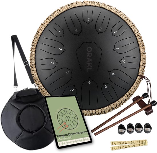 Orakl ® - Tongue Drum Elysium Kosmisch Zwart – Inclusief lesboek – Handpan ø 35 cm - Tongue Drum – Handpan Drum – Steel Tongue Drum – Klankschaal - Geluidstherapie van Orakl