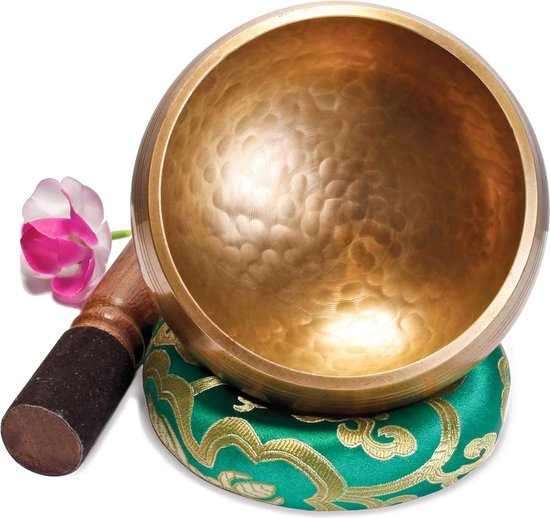 Originele Tibetaanse Klankschaal 13cm - Inclusief Klepel en Klankschaalkussen - Lokta Papieren Geschenkdoos - Singing Bowl Tibet van Merkloos