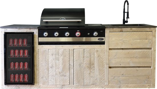Outside Meubelen | Buitenkeuken - Palu | Boretti Ibrido Top BBQ | Koelkast 80L | Zwarte keukenkraan & spoelbak | Natuursteen blad | Steigerhout | Tuinmeubelen van Boretti