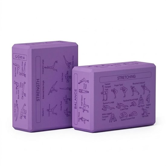 Paarse Pilates blokken yoga blokken set unisex 2 delig EVA schuim antislip yogablokken met yogahouding gids op 6 zijden afgeschuinde randen voor yoga pilates meditatie stretching en balans