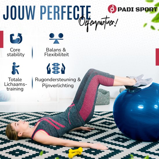 Padisport - Yoga bal - 75 cm - zwangerschapsbal - yoga bal inclusief pomp - fitnessbal - pilates bal - yoga bal blauw - yoga bal 75 cm - yoga - fitness - blauw van Padisport