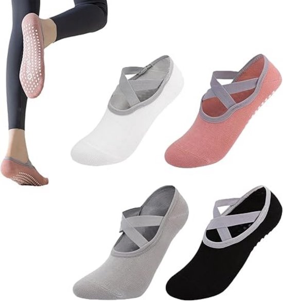 Pilates antislip sokken 4 paar - Yogasokken voor dames - met antislip bandjes en banden - voor Pilates-apparatuur, balletoefeningen en ballet - Maten 35-42 - Ademende katoenen sokken tot aan de kuit (zwart/wit/grijs/roze)