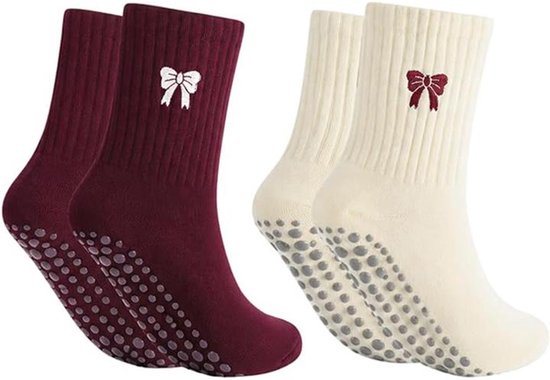 Pilates grip sokken - Yoga Sokken - voor dames - met strikjes - 2 Paar - Antislip - Zachte - Strikpatroon Sokken - voor Dans en Workouts - Wit en rood - eenheidsmaat