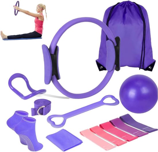 Pilates Home Gym Set (13 Stuks) - 25cm Oefenbal + 30cm Magic Circle + Weerstandsband - Professional Pilates Essentials - Paars van LionFit