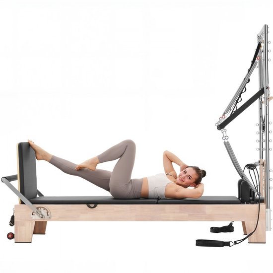 Pilates Reformer - Reformer Machine - Van Rubberhout - Dubbele Weerstand - Inclusief Reformerbox en Springplank - Draagvermogen 181,4 kg - Voor Beginners en Gevorderden van Merkloos