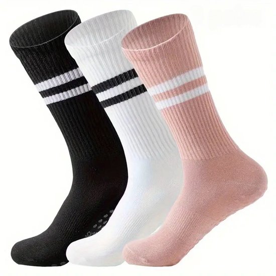 Pilates sokken - Anti Slip Sokken - Yoga Sokken - Set van 3 Stuks Sport sokken - One Size Fits All - Dames Sokken - Zwart -Wit -Roze van Merkloos