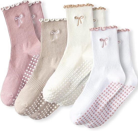 Pilates Sokken Antislip Dames - 4 Paar - Yoga Sokken Hoog- Pilates sokken - Gripsokken voor Yoga / Pilates / Ballet - Sportsokken -Antislip Katoenen Sokken - Antislip enkelsokken - One Size - Sokken Dames met ruche - dichte tenen - voor Ballet, Dans