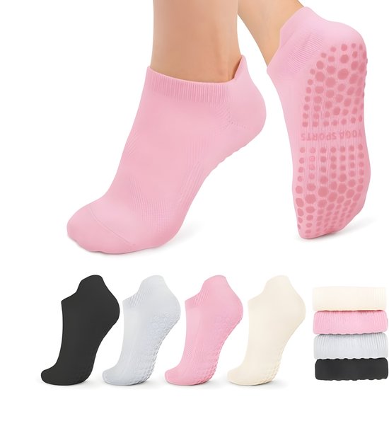 Pilates Sokken Antislip Dames - Yoga Sokken - Gripsokken voor Yoga / Pilates / Ballet - One Size - Set van 4 - Zwart, Grijs, Roze, Wit van Merkloos