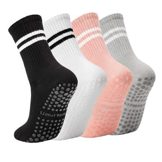 Pilates Sokken Antislip Dames - Yoga Sokken Hoog - Gripsokken voor Yoga / Pilates / Ballet - One Size - Set van 4 - Zwart, Grijs, Roze, Wit van Merkloos