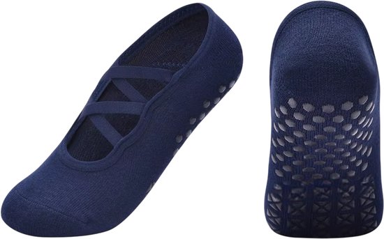 Pilates Sokken Dames Antislip – Grip Sokken van Katoen voor Yoga, Fitness, Ballet & Workout Backless -maat 35-40 - marineblauw