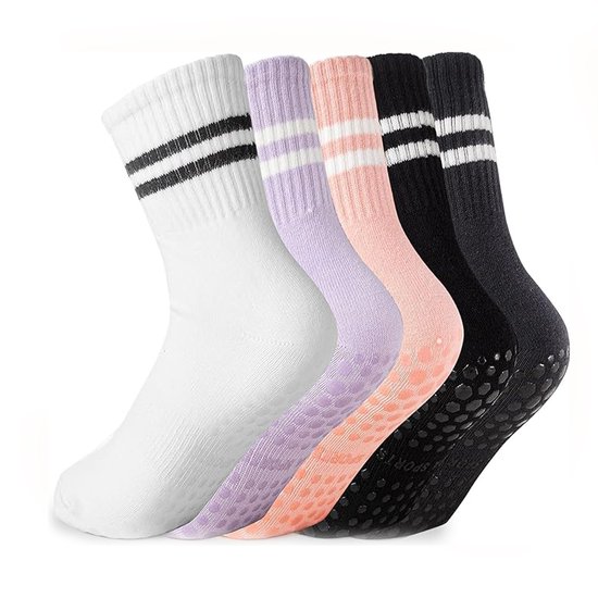 Pilates Sokken Dames - Yoga Sokken met Grip - Antislip Sokken - Grip Sokken - Katoenen Sokken - 5 Paar - Zwart Wit Grijs Roze Paars van Merkloos