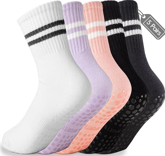 Pilates-sokken - voor dames Antislipsokken - zelfklevende ziekenhuissokken - 5 paar - Sokken - Dames hoge Pilates antislip sokken - Yoga Sokken - Antislip enkelsokken - voor Ballet, Dans, Workouts - Zwart, Wit, Grijs, Roze en Paars