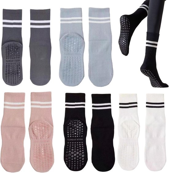 Pilates sokken voor mannen en vrouwen - antislip sportsokken - ademend comfort - 5 paar - zwart/wit/grijs/roze/blauw - actieve levensstijl - fitness accessoires