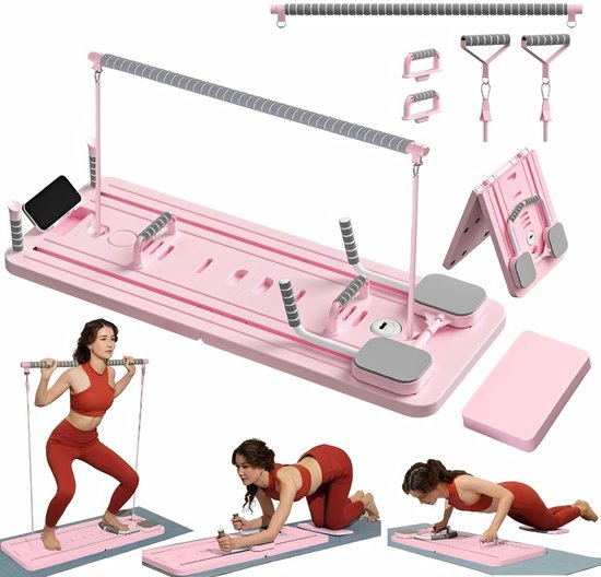 Ploutos® Pilates Board - Pilates Board met Weerstandsbanden – Thuis Fitness Set – Inclusief Bar & Enkelbanden - Roze - 106cm x 40cm x 7cm
