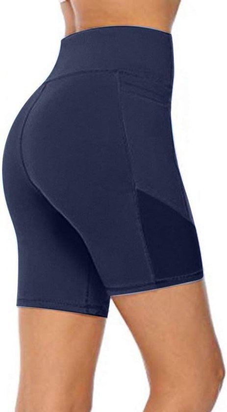 POWERMESH Stijlvolle Pocket Short - Dames - Ademend - Mesh Panelen - Breathable - Activewear - Shorts - Met Telefoon Zak - High-Waist - Korte Broek - Fitness - Blauw - Maat L van Merkloos