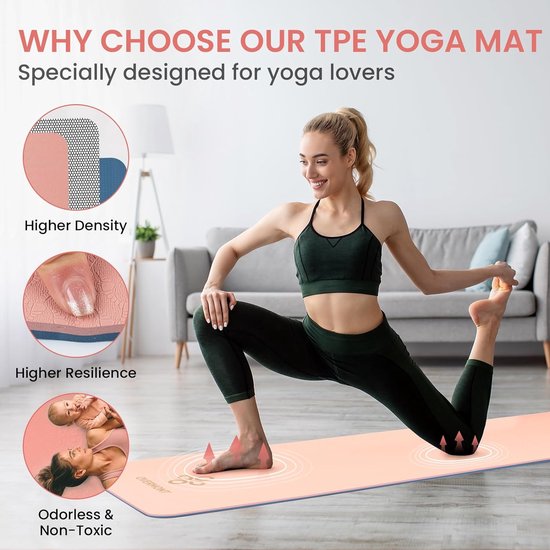 Premium TPE-yogamatten - met draagriem - 183 x 61 x 0,8 cm extra dikke oefenmat - milieuvriendelijke antislip trainingsmat anti-scheur pilatesmat - gymnastiekmatten voor thuis voor dames en