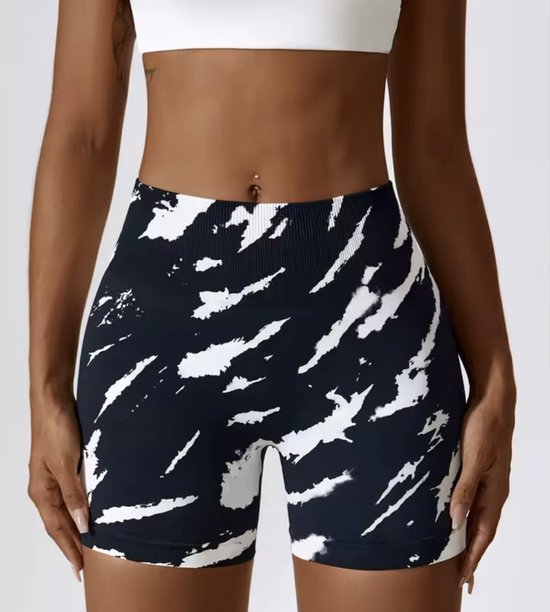 Printed Gym Short - Maat S - Zwart/Wit - Black&White - Seamless Sportshort Dames - Short Sportlegging van Merkloos