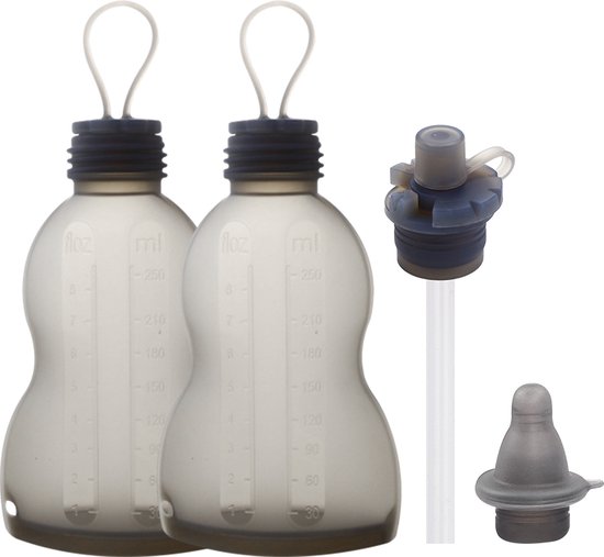 Pure Moms - Siliconen Moedermelk Bewaarzakjes - NEW - Flesjes - Herbruikbaar - 2 Stuks - Inclusief duurzame speen opzetstuk + Rietje opzetstuk - Borstvoeding Flesjes 260 ML - BPA Vrij - van Pure