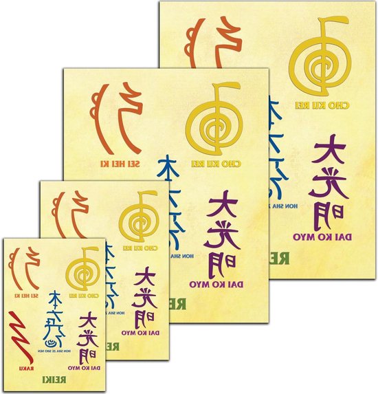 Reiki Symbool Muurkunst - Meditatie Decoratie - Spirituele Ruimte - Vijf Symbolen Inclusief - Vier Maten - Kleurrijk