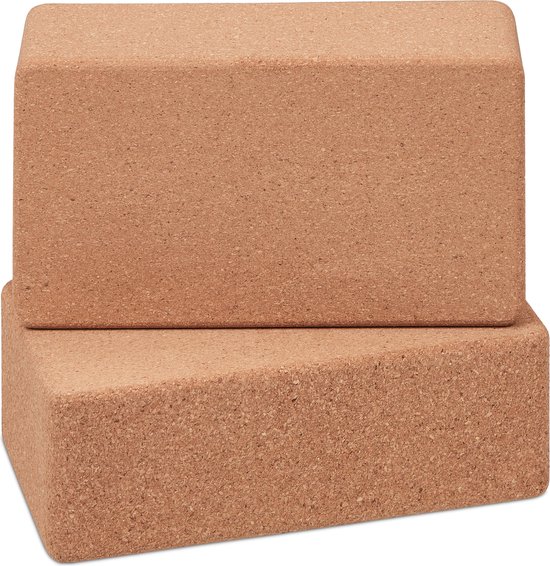 Relaxdays yogablok - set van 2 - 12 x 22,5 x 7 cm - kurk - voor yoga-oefeningen - pilatesblok - antislip - natuur van Relaxdays