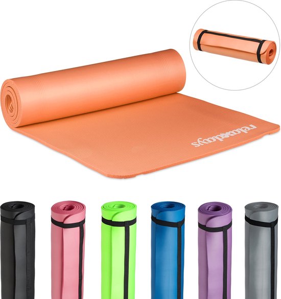 Relaxdays yogamat - 60 x 180 cm - 1 cm dik - gewrichtsvriendelijk - met draagband - oranje van Relaxdays