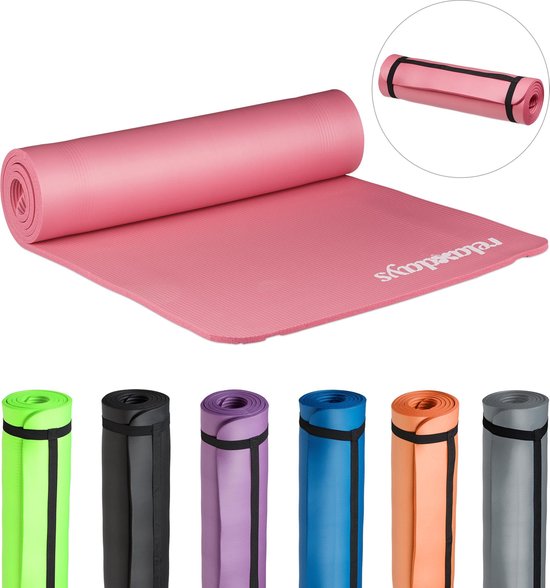 Relaxdays yogamat - 60 x 180 cm - 1 cm dik - gewrichtsvriendelijk - met draagband - pink van Relaxdays