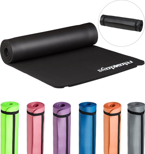 Relaxdays yogamat - 60 x 180 cm - 1 cm dik - gewrichtsvriendelijk - met draagband - zwart van Relaxdays
