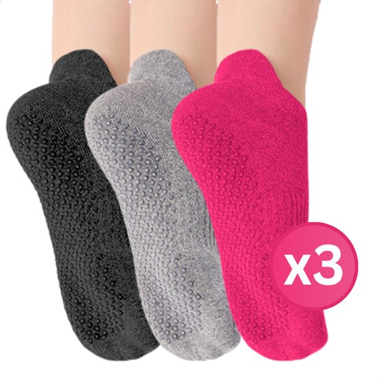 RENALUX - Yoga Sokken Antislip Dames - Antislip Sokken Dames - Pilates Sokken - Anti Slip Sokken - Huissokken met Antislip Dames - Fuchsia, Grijs & Zwart - Set van Maarliefst 3 Paar van RENALUX