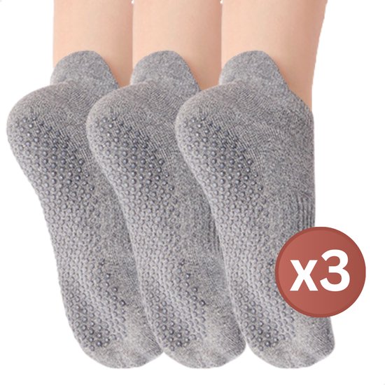 RENALUX - Yoga Sokken Antislip Dames - Antislip Sokken Dames - Pilates Sokken - Anti Slip Sokken - Huissokken met Antislip Dames - Grijs, Grijs & Grijs - Set van Maarliefst 3 Paar van RENALUX