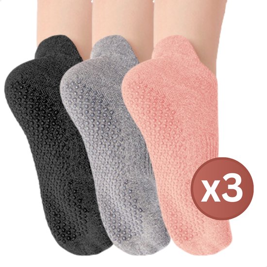 RENALUX - Yoga Sokken Antislip Dames - Antislip Sokken Dames - Pilates Sokken - Anti Slip Sokken - Huissokken met Antislip Dames - Roze, Grijs & Zwart - Set van Maarliefst 3 Paar van RENALUX