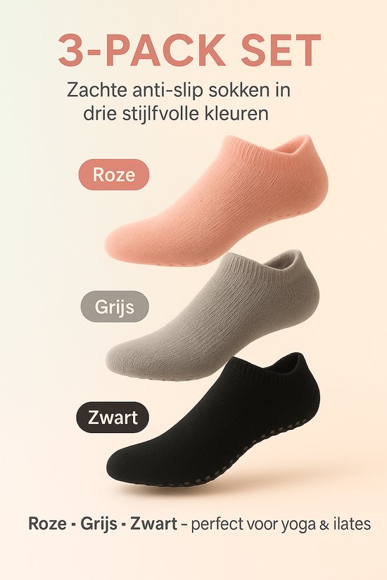Resolvo Pilates Yoga – Pilates Sokken Dames – Antislip Gripzool – Comfortabel & Ademend – Set van 3 Paar (Roze, Grijs, Zwart) van Merkloos