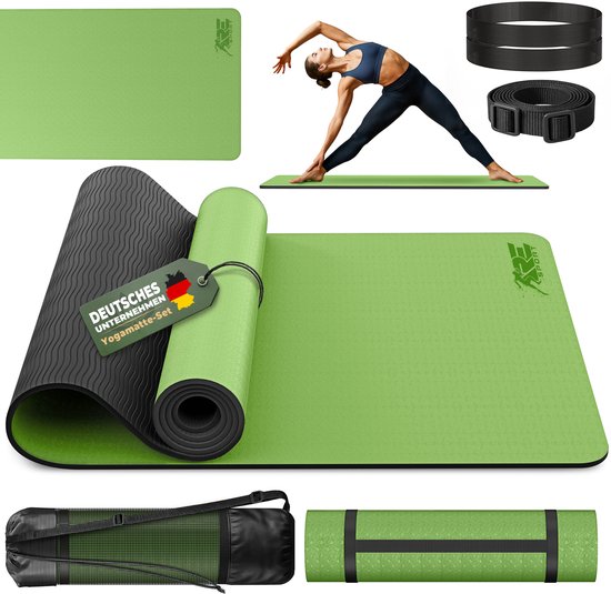 RE:SPORT Yogamat, ftalaatvrij | Gymnastiekmat, antislip | Fitnessmat, schadstoffvrij | Trainingsmat met draagriem, ftalaatvrij 183 x 61 x 0,6 cm (Olijfgroen/Zwart) van Merkloos