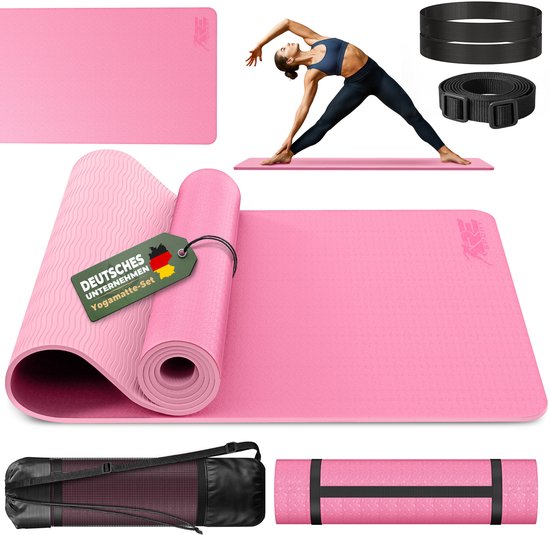 RE:SPORT Yogamat, ftalaatvrij, gymnastiekmat, antislip, fitnessmat, vrij van schadelijke stoffen, trainingsmat met draagriem, ftalaatvrij, 183 x 61 x 0,6 cm, roze/roze