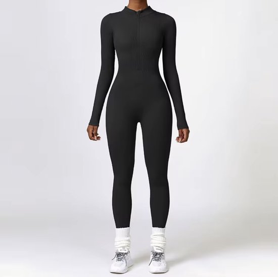 Ribby Zip LS Jumpsuit - Maat L - Zwart - Ribbed Long Sleeve Jumpsuit met Rits – Dames - Solid Black