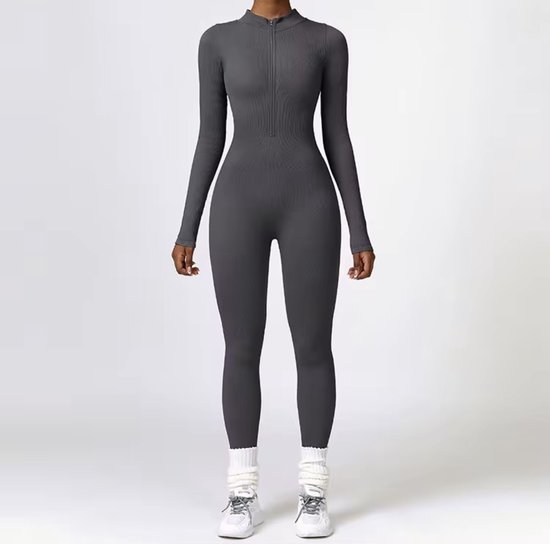 RIBBY ZIP LS JUMPSUIT - Maat M - Grijs - Grey - Donkergrijs - Longsleeve - Jumpsuit - Gym wear - Gymkleding - Sportkleding - Yogakleding - Fitness kleding - Sportlegging van Ribbed	 
