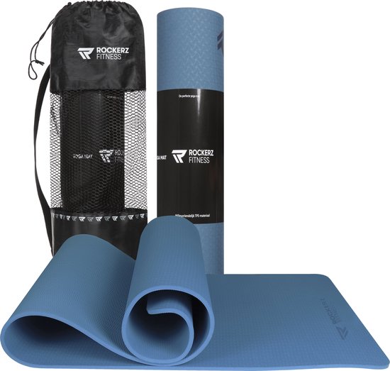 Rockerz Deluxe Yoga mat - Fitness mat - Sport mat - Yogamat anti slip & eco - Extra Dik - Duurzaam TPE materiaal - Incl Draagtas - Blauw van Rockerz