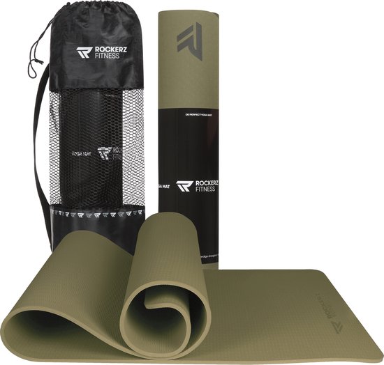 Rockerz Deluxe Yoga mat - Fitness mat - Sport mat - Yogamat anti slip & eco - Extra Dik - Duurzaam TPE materiaal - Incl Draagtas - Olijfgroen van Rockerz