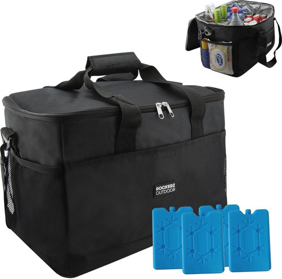 Rockerz Koeltas - 4 laags geïsoleerde grote Koeltas - Incl. 4 koelelementen - 30 liter - Lunchtas - Picknicktas - Capaciteit voor 48 x 33 cl blikken of 24 x 33 cl flesjes - Slijtvast en duurzaam materiaal - Waterdicht en vuilafstotend - kleur: Zwart van Rockerz.