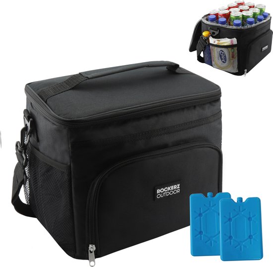Rockerz Koeltas - 4 laags geïsoleerde - Incl. 2 koelelementen - 15 liter - Lunchtas - Picknicktas - Capaciteit voor 24x 33 cl blikken of 12x 33 cl flesjes - Slijtvast en duurzaam materiaal - Waterdicht en vuilafstotend - kleur: Zwart van Rockerz